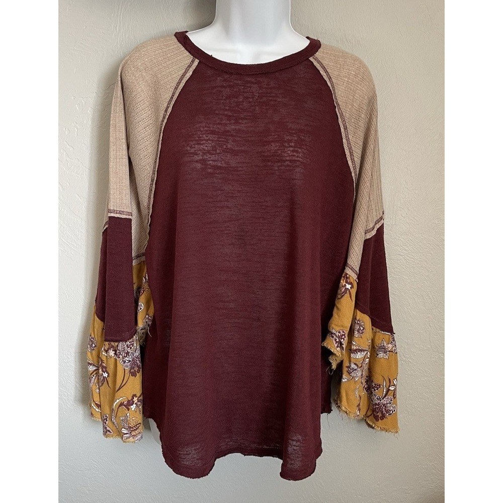 Gimmicks by BKE Boho Flutter Sleeve Top Womens Medium Burgundy Over Size Blouse